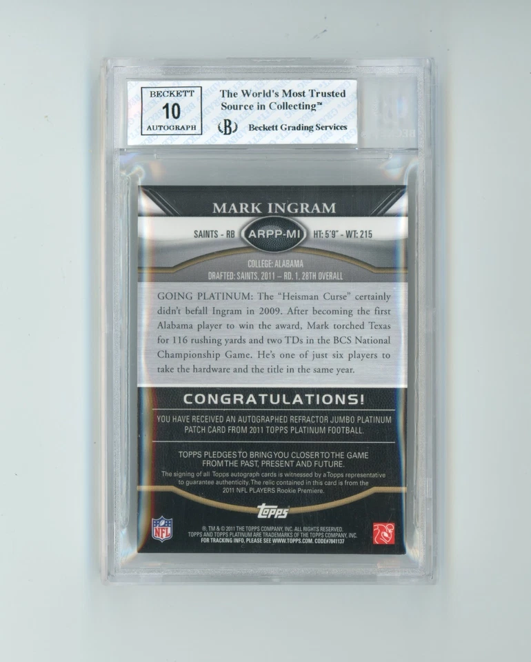 2011 Topps Platinum Mark Ingram Jumbo Rookie Patch Auto RPA /5 BGS 8 (G) - Image 2 of 2