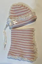 Vintage Knit Bonnet  Cover Baby Girl Doll Pink White Lace Look Ribbon Sweet