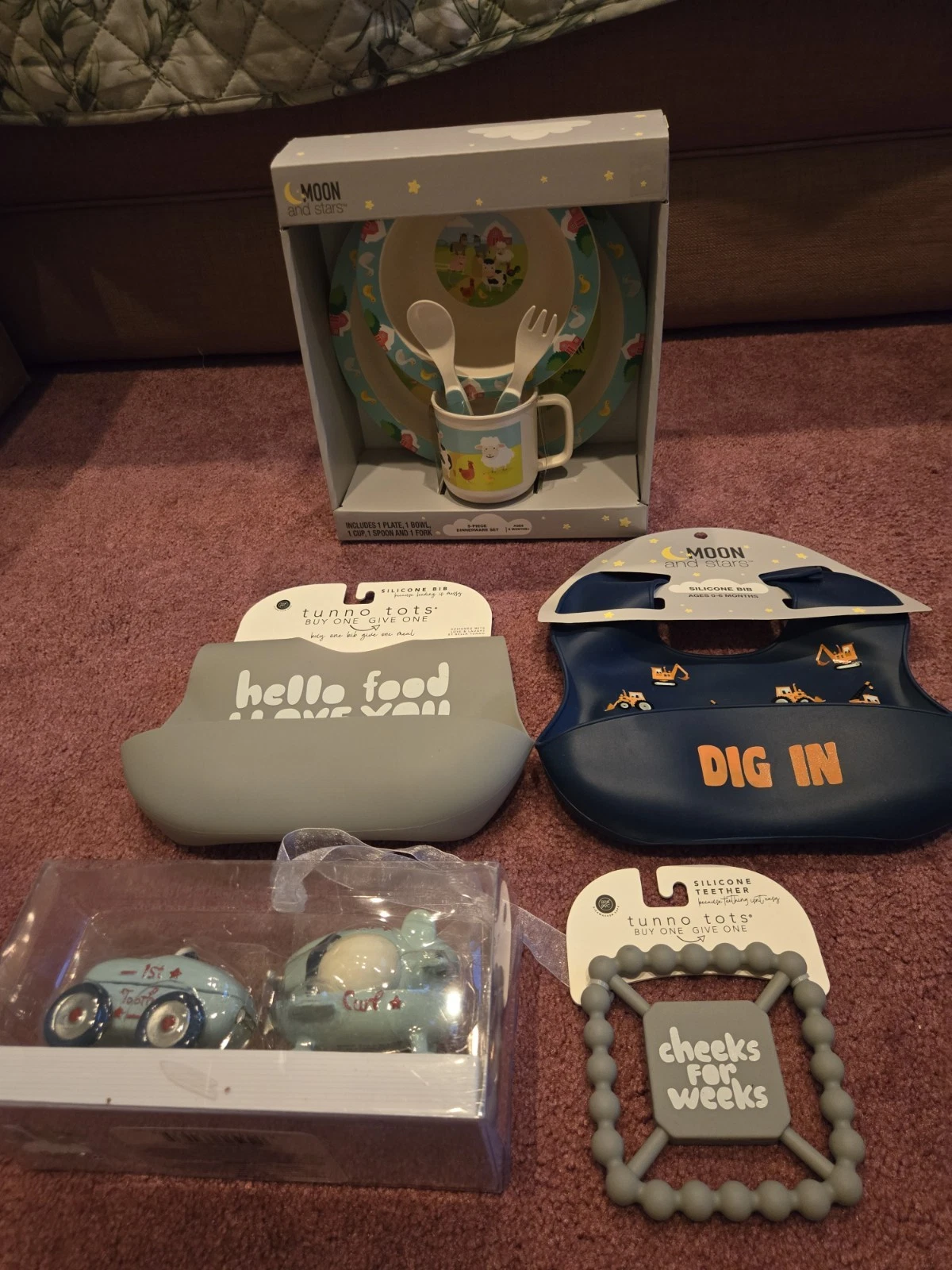 Baby's My 1st Tooth & 1st Curl Holder, 2 Bibs, Dinner Set And Teething Toy
