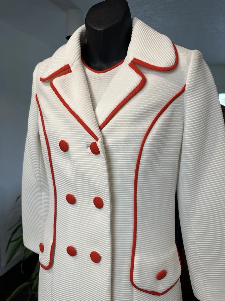Lilli Ann Knit 1960s White Pea Coat & Dress With Red Trim | American Made - Image 2 of 4