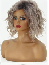 Short Fluffy Wavy Slivery Mix  Synthetic Hair Wigs Women Soft Natural Daily Use