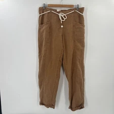 C&C California Boho Linen Blend Pants L Camel Brown Drawstring Beachy Casual