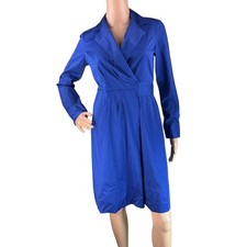 Talbots Women Blue Long Sleeves Self Tie Belt Notched Lapel Faux Wrap Dress 2P