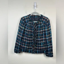 Carlisle Vibrant Plaid Tweed Jacket Chain Detail Zipper Front Size 10