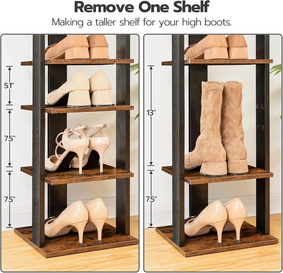  Многоуровневый вертикальный стеллаж для обуви, деревянный органайзер для хранения обуви с крючками, узкий - Изображение 3 из 4