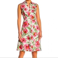 Tahari Linen Blend Floral Shirt Dress Sleeveless Size 8