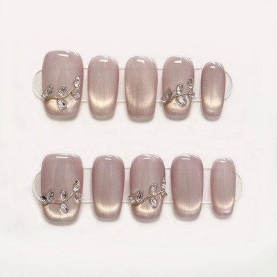 Squared oval Press On Nails Pink Cat Eye Nails with Silver Leaf Accents 3D Art