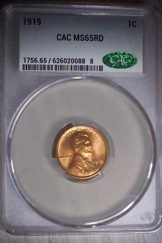 1919 Red CAC Certified MS 65 Lincoln Cent