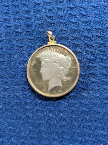 1923 Peace Silver Dollar BU Gold Plated w Gold Holder as Pendant