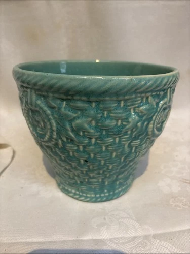 vintage McCoy Pottery turquoise basket weave planter