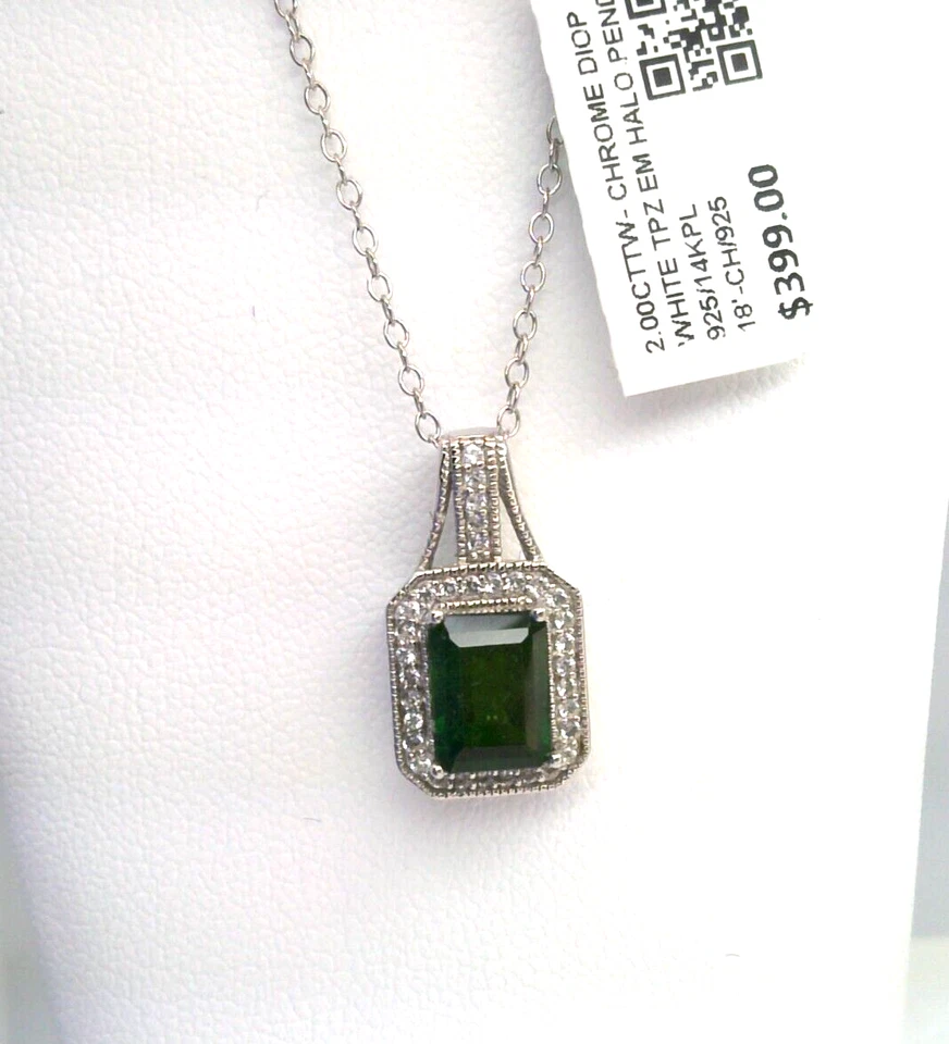 $399-2CTTW NATURAL CHROME DIOPSIDE & TOPAZ HALO PENDANT NECKLACE-SS/ 14K PL/925 - Image 3 of 4