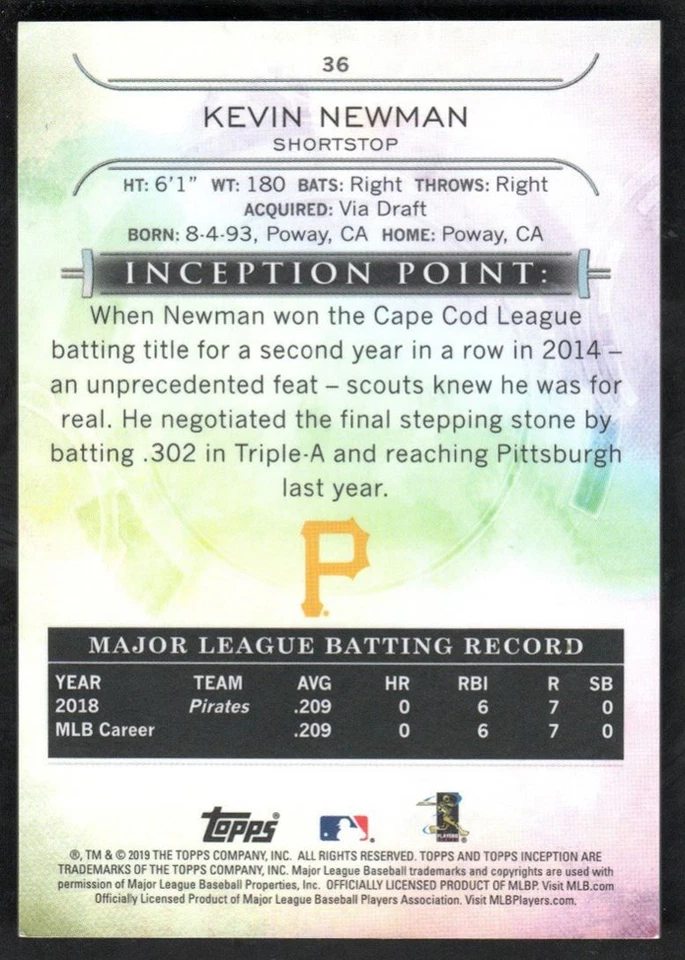 2019 Topps Inception Kevin Newman Rookie #36 Pittsburgh Pirates - Image 2 of 2