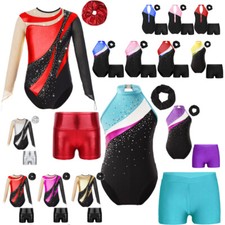 US Girls Shiny Leotard Mesh Jumpsuit Tumbling Bodysuit Metallic Shorts Hair Band