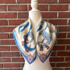 Silk Handrolled Blue Pink Cream Graphic Square Scarf 22  x23  Made In Japan
