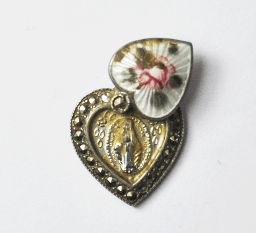 Theda Guilloche Enamel Puffy Heart Hidden St Mary Charm Marcasite Halo 15x18mm - Picture 3 of 3