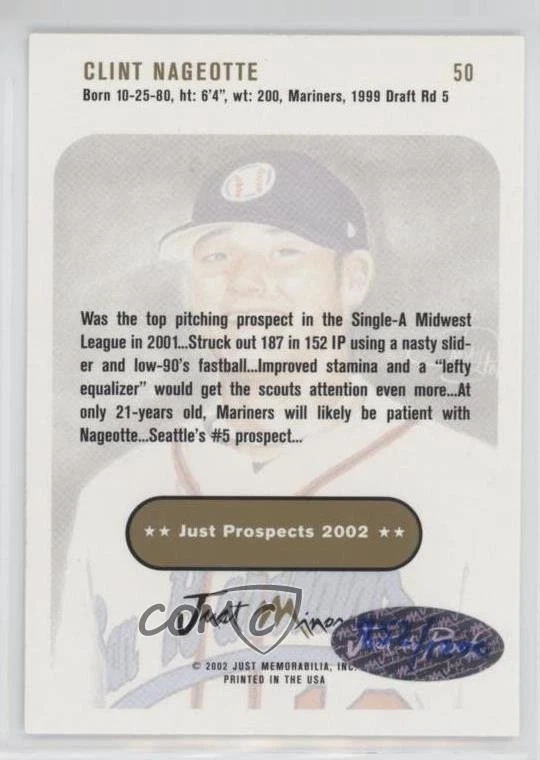 2002 Just Minors Just Prospects /1200 Clint Nageotte #50 Rookie Auto RC - Image 2 of 2