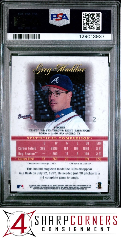 1998 TOPPS GOLD LABEL CLASS 2 #2 GREG MADDUX HOF POP 1 PSA 8 - Image 2 of 3
