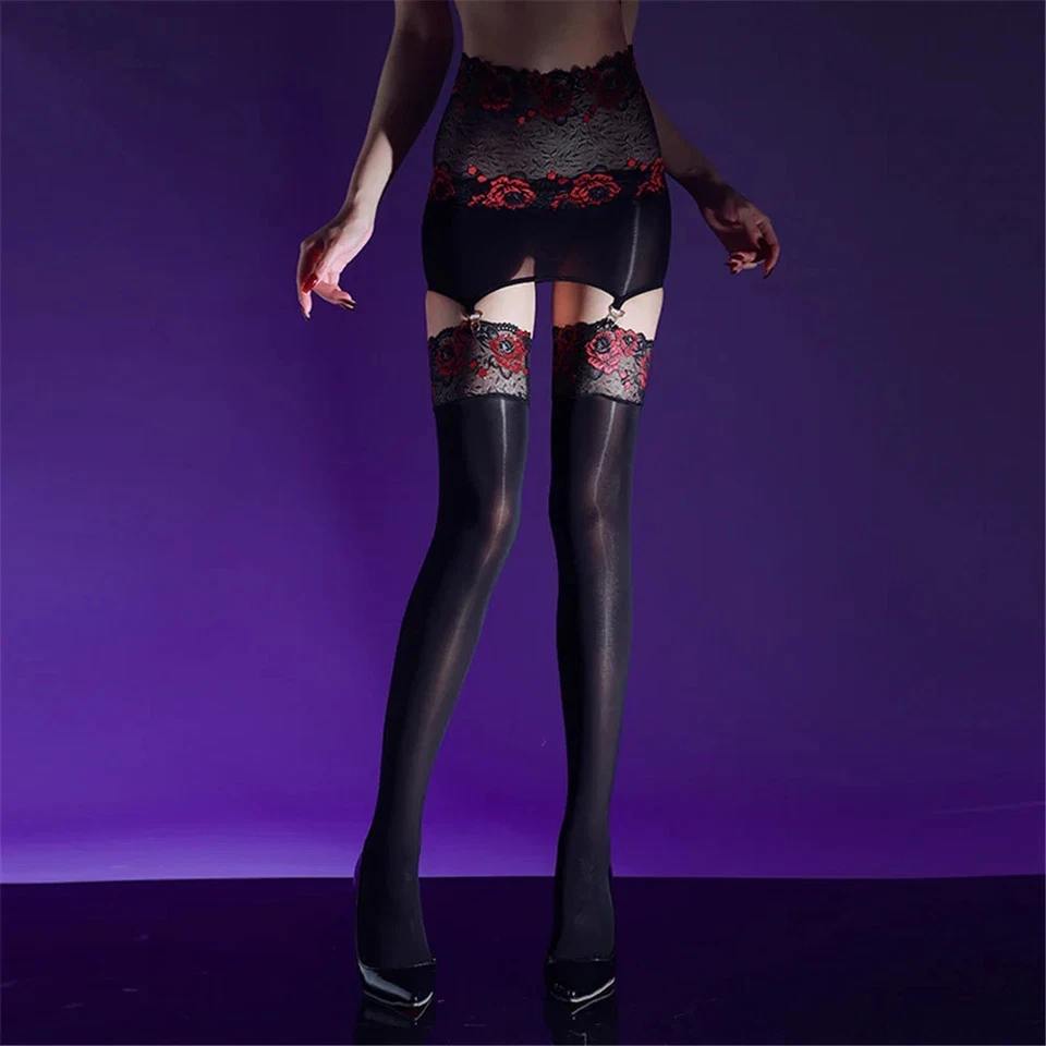 Womens Oil Shiny Glossy Pantyhose Hosiery Garter Belt Stockings Suspender Tights - Image 4 of 4