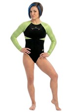 GK Elite VTG Lime Green Bling Sassy Metallic LS Black Velvet Logo Leotard AL