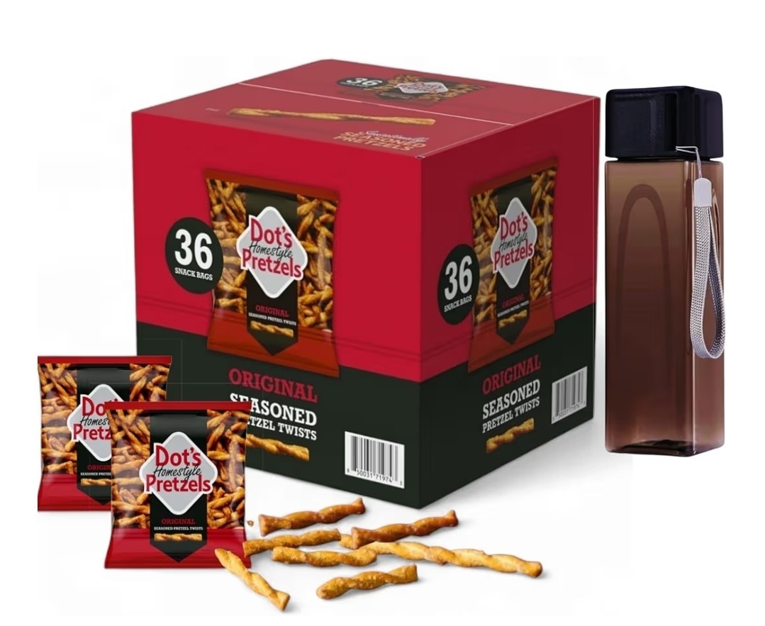 Homestyle Pretzels Snack Box (36 Bags) + Free Reusable Water