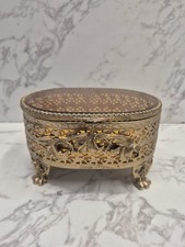 Oval Filigree Bevel Glass Trinket/Jewelry Box Gold Tone Footed 6x4.5x3  Vintage.