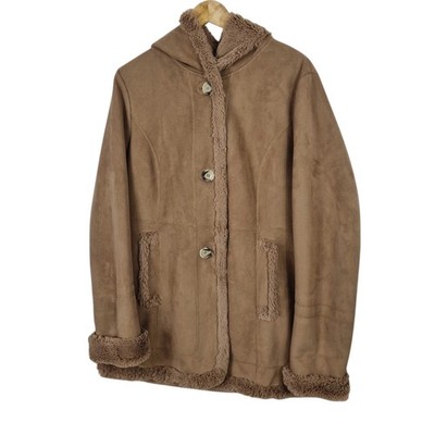 Jones Wildlederimitat Mantel Jacke Damen L Kapuze Beige Kunstfellbesatz New York