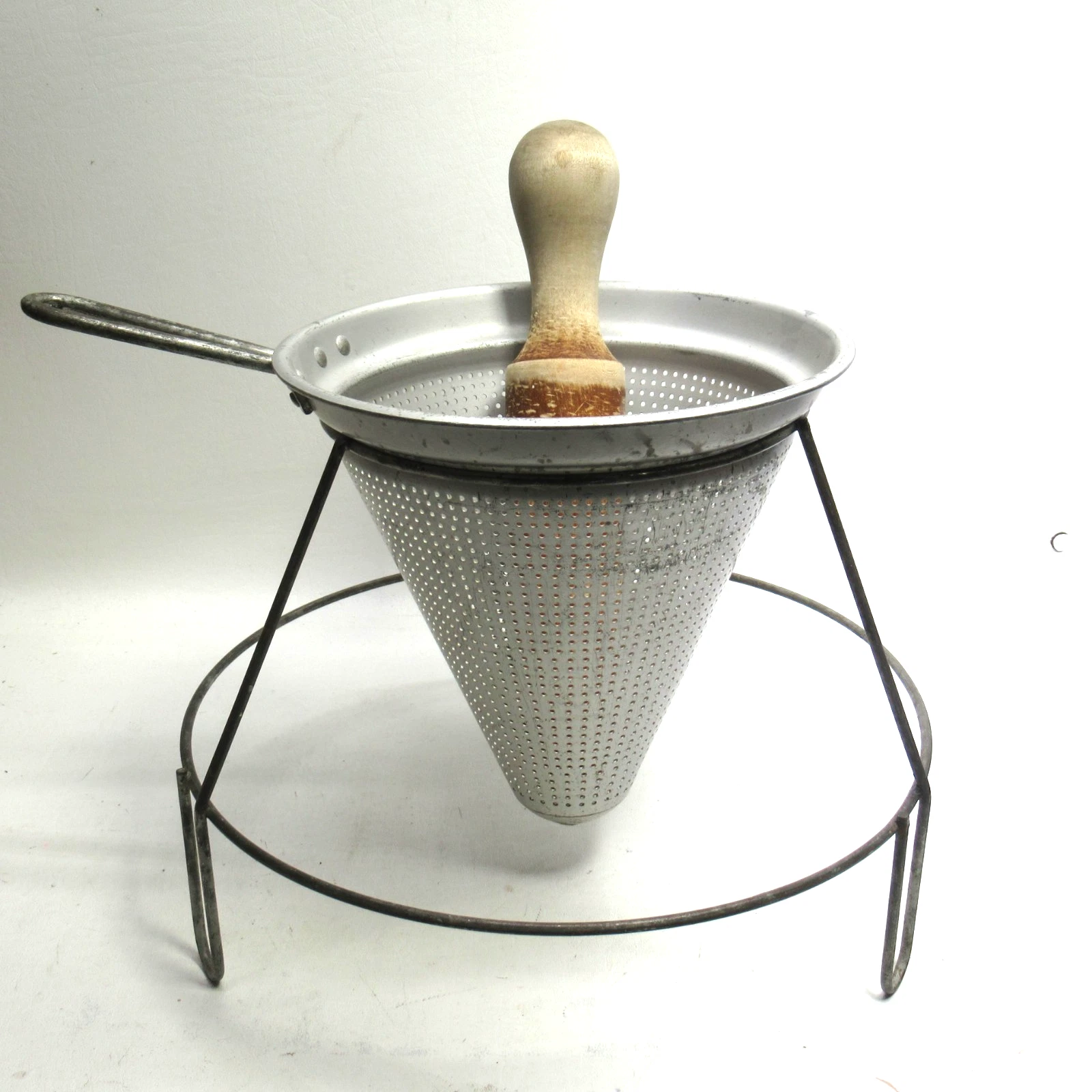 Steel Frame Cone Sieve Food Mill Wood Pestle & Stand Chinois Strainer Vintage