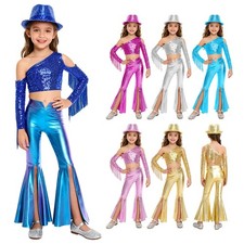 US Girl's 3 Piece Dance Outfits Dance Top and Metallic Bell Bottom Pants Hat Set