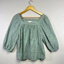 LC Lauren Conrad Square Neck Eyelet Puff Sleeve Blouse Mint Green Size M