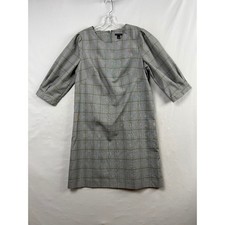 Ann Taylor Plaid Shift Dress Womens 8 Gray Green Puff Sleeve Workwear Academia