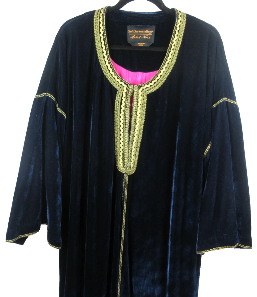 SOFT AROUND Bata de Terciopelo Azul Dorado Caftán Plumero Largo Mujer XL Boho De Colección Foto 2 de 4