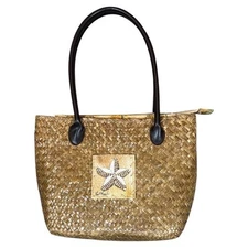 Sun N Sand Straw Woven Zip Tote Bag Starfish Beaded Patch Beach Resort Purse