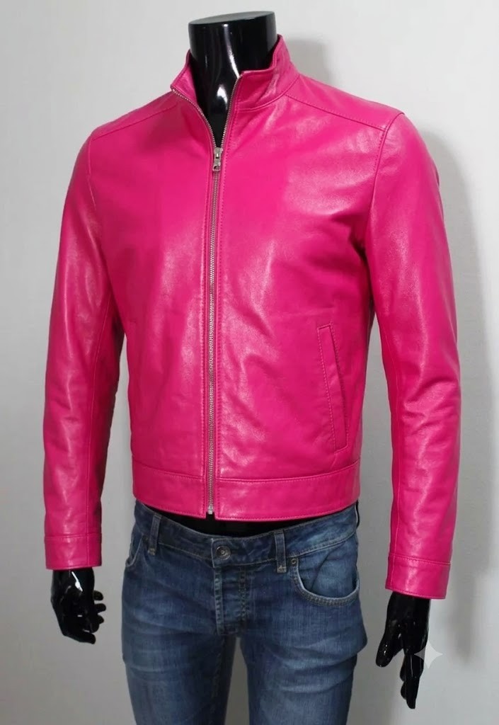 Chaqueta de cuero de piel de cordero para hombre Chaqueta elegante con cremallera ROSA INTENSO