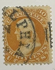 US Postage Scott 71 used, 30-cent Franklin, very light hinge mark
