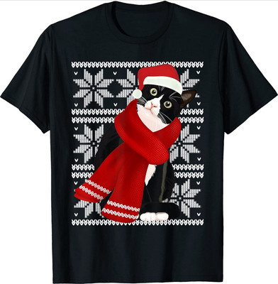 Ugly Christmas Black Cat Santa Hat Scarf Holiday Cute T-Shirt