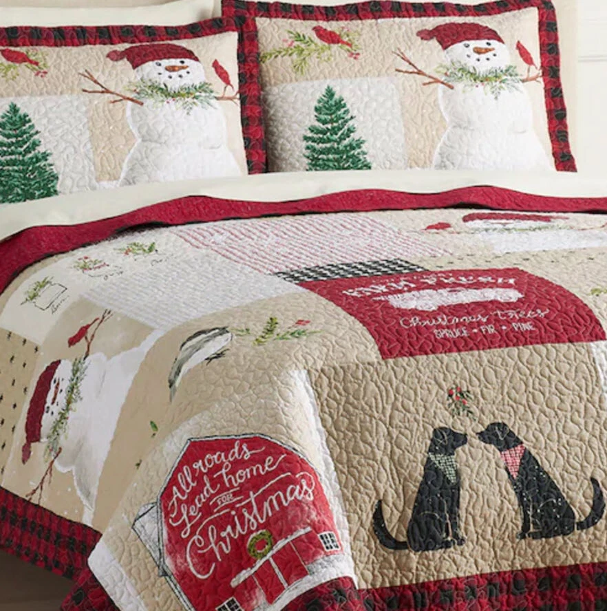 3 Pieces -Nicholas SNOWMAN Patchwork Reversible QUILT + SHAMS - Birds Dogs Trees - Image 3 of 4