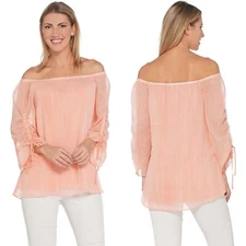 H by Halston Chiffon Off-the-Shoulder Blouse Size 4 Small White Coral Stripe Top