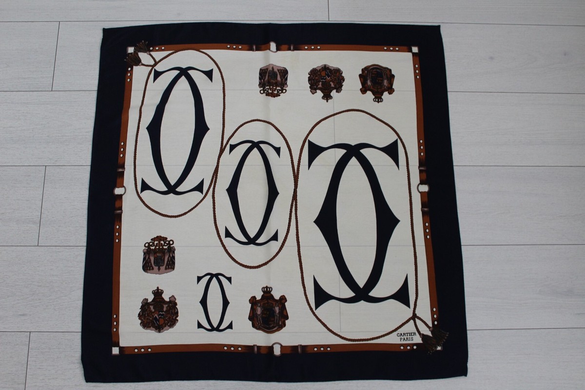 Vintage Cartier Scarf Women 100% Silk Logo Border Paris France