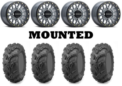 Kit 4 Maxxis Zilla Tires 28x9-14/28x11-14 on Raceline Podium Beadlock Gray 1KXP