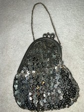 Vintage Victorian style sequins hand evening clutch W/chain Handle Silver Color