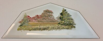 Vintage Mirror with Hand Painted scene-Meadow, Trees - 13''- EUC