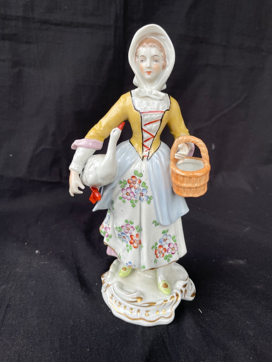 antique German Sitzendorf porcelain figurine lady with goose