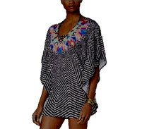 Bar III Womens Swimsuit Cover-Up Large Feathered Daze Black  White Caftan Tunic