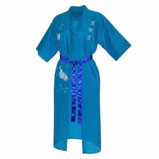 Vintage Silk Kimono Robe With Hand Embroidered Cranes Satin Sash XL