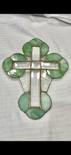 Stained Glass Celtic Cross Suncatcher Green Clear Gold Window Decor 11x14inches