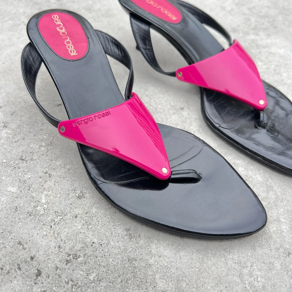 Sergio Rossi | Auténtico Tanga de Cuero Rosa Negro Chanclas Tacones de Gatito (35.5) Foto 2 de 4