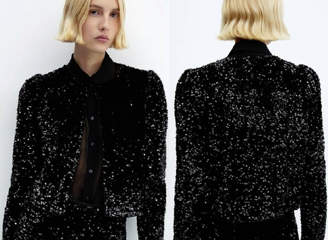 MANGO BLACK SEQUINED EMBROIDERED CO ORD HOOK EYE ROUND NECK