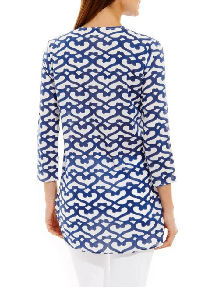 Roberta Roller Rabbit Big Cata Kurta Slits Tunic Cover Up Blouse Blue White M - Image 3 of 4