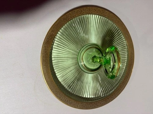 Center handle green depression glass serving platter gold trim