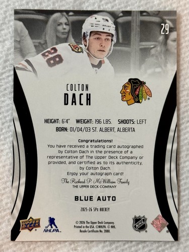 Colton Dach 2025-26 Upper Deck SPx Hockey Finite Rookie Blue Auto /99 Blackhawks - Picture 2 of 2